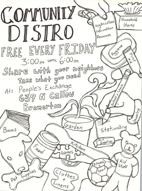 This image is a hand-drawn, black-and-white flyer promoting a free community resource distribution event. The large title at the top reads "COMMUNITY DISTRO." Below this, text announces the event is "FREE EVERY FRIDAY from 3:00 pm until 6:00 pm." It invites people to "Share with your neighbors" and "Take what you need."

The location details are listed at the bottom left: "At: People's Exchange, 639 N Callow, Bremerton."

Surrounding the text are various whimsical sketches of household items, each labeled with a category of goods available at the distribution. These include:

    Top Right: A tissue box labeled "Household Items," a document labeled "Organizations Information Resources," a bar of soap labeled "Hygiene," and a tube labeled "First Aid."
    Left Side: A stack of books, a dog bone labeled "Pet Supplies," and a jar labeled "Food."
    Center: A potted plant labeled "Garden" and a hand writing on paper labeled "Stationary."
    Right Side: A bracelet labeled "Jewelry."
    Bottom Right: A box of art supplies, a teddy bear labeled "Kid Stuff," and a soccer ball labeled "Fitness + Sport."
    Bottom Center/Left: Jigsaw puzzle piece labeled "Games," a large spoon labeled "Kitchen," a pile of fabric labeled "Clothes + Linens," and a dog head near the pet supplies.
